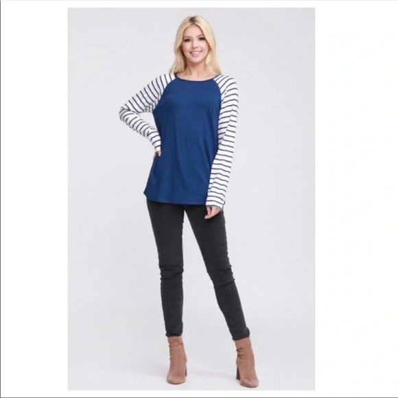Blue Raglan Long Sleeve Striped Top | Casual Soft Fall Shirt - Picture 7 of 8